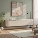 Meuble TV porte abattante suspendu ou à poser au sol finition laqué beige design coins arrondis - LYNA