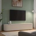Meuble TV porte abattante suspendu ou à poser au sol finition laqué beige design coins arrondis - LYNA