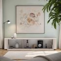 Meuble TV porte abattante suspendu ou à poser au sol finition laqué beige design coins arrondis - LYNA