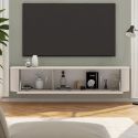 Meuble TV porte abattante suspendu ou à poser au sol finition laqué beige design coins arrondis - LYNA