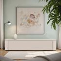 Meuble TV porte abattante suspendu ou à poser au sol finition laqué beige design coins arrondis - LYNA