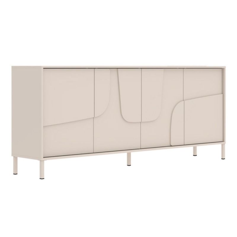 Buffet 4 portes finition laqué beige façade relief piètement métal - EGERIE