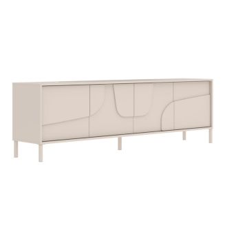 Meuble TV 4 portes laqué beige façade relief piètement métal - EGERIE