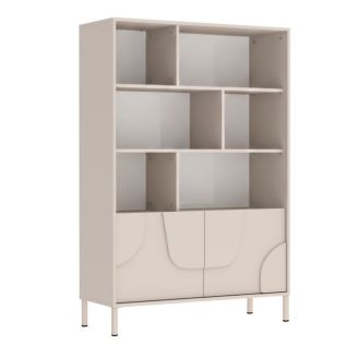 Meuble de rangement étagères 2 portes laqué beige façade relief piètement métal - EGERIE