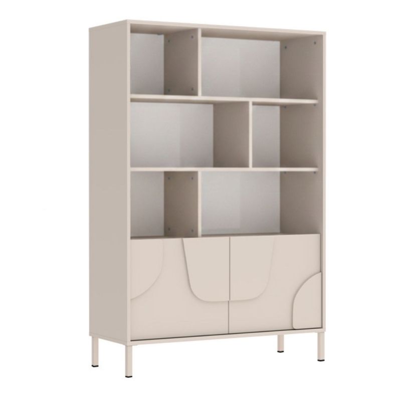 Meuble de rangement étagères 2 portes laqué beige façade relief piètement métal - EGERIE