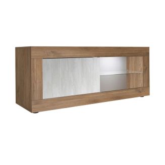 Meuble TV 1 portes 2 niches aspect bois finition Mercure façades blanc texturées avec Leds - OTELLO