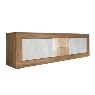 Meuble TV 2 Portes 2 Niches aspect bois finition Mercure façades blanc texturées avec Leds - OTELLO