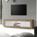 Meuble TV 2 Portes 2 Niches aspect bois finition Mercure façades blanc texturées avec Leds - OTELLO