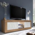 Meuble TV 2 Portes 2 Niches aspect bois finition Mercure façades blanc texturées avec Leds - OTELLO