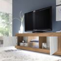 Meuble TV 2 Portes 2 Niches aspect bois finition Mercure façades blanc texturées avec Leds - OTELLO