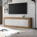 Meuble TV 2 portes 2 tiroirs aspect bois finition Mercure façades blanc texturées - OTELLO