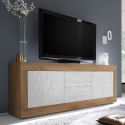 Meuble TV 2 portes 2 tiroirs aspect bois finition Mercure façades blanc texturées - OTELLO