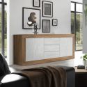 Buffet 2 portes 3 tiroirs aspect bois finition Mercure façades blanc texturées - OTELLO