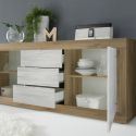 Buffet 2 portes 3 tiroirs aspect bois finition Mercure façades blanc texturées - OTELLO