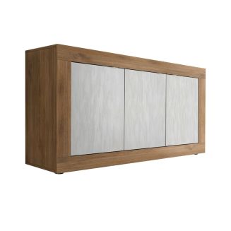 Buffet 3 portes aspect bois finition Mercure façades blanc texturées - OTELLO