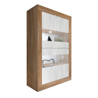 Vitrine 4 portes aspect bois finition Mercure façades blanc texturées et verre avec Leds - OTELLO