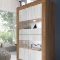 Vitrine 4 portes aspect bois finition Mercure façades blanc texturées et verre avec Leds - OTELLO