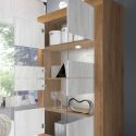 Vitrine 4 portes aspect bois finition Mercure façades blanc texturées et verre avec Leds - OTELLO