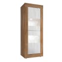 Vitrine 2 portes aspect bois finition Mercure façades blanc texturées et verre avec Leds - OTELLO