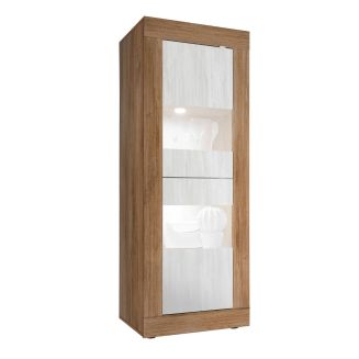 Vitrine 2 portes aspect bois finition Mercure façades blanc texturées et verre avec Leds - OTELLO