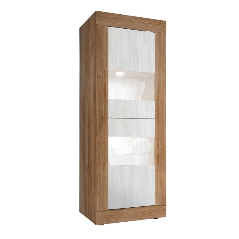 Vitrine 2 portes aspect bois finition Mercure façades blanc texturées et verre avec Leds - OTELLO