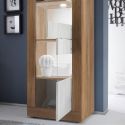 Vitrine 2 portes aspect bois finition Mercure façades blanc texturées et verre avec Leds - OTELLO