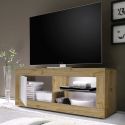 Meuble TV 1 portes 2 niches aspect bois finition Cadiz façades blanc texturées avec Leds - OTELLO
