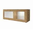 Meuble TV 1 portes 2 niches aspect bois finition Cadiz façades blanc texturées avec Leds - OTELLO