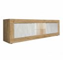 Meuble TV 2 Portes 2 Niches aspect bois finition Cadiz façades blanc texturées avec Leds - OTELLO