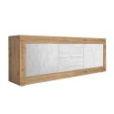 Meuble TV 2 portes 2 tiroirs aspect bois finition Cadiz façades blanc texturées - OTELLO