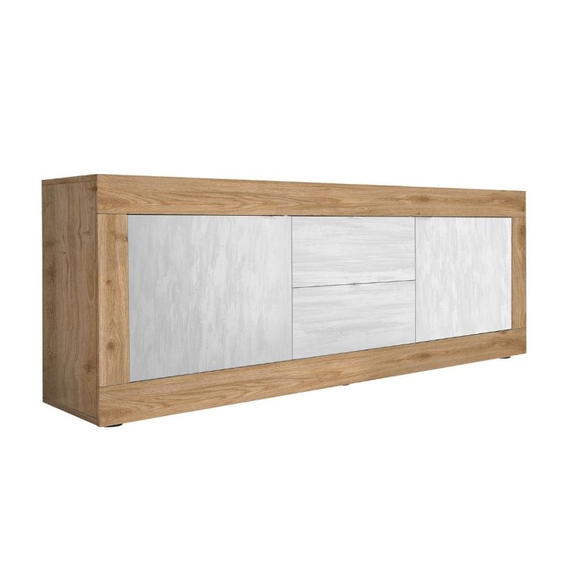Meuble TV 2 portes 2 tiroirs aspect bois finition Cadiz façades blanc texturées - OTELLO