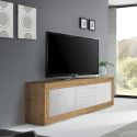 Meuble TV 2 portes 2 tiroirs aspect bois finition Cadiz façades blanc texturées - OTELLO