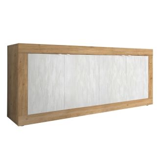 Buffet 4 portes aspect bois finition Cadiz façades blanc texturées - OTELLO