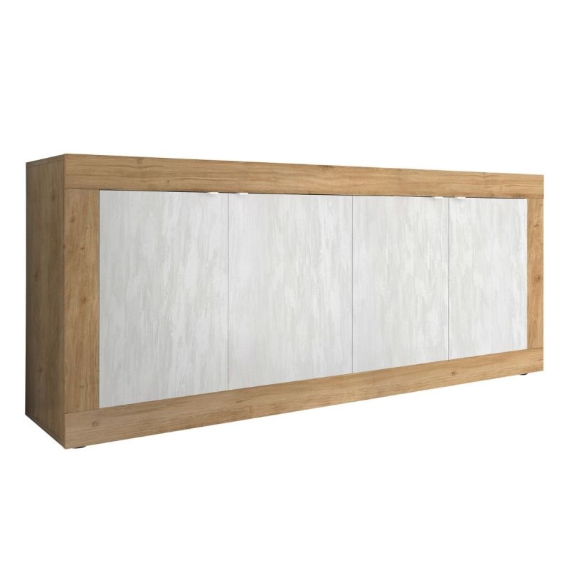 Buffet 4 portes aspect bois finition Cadiz façades blanc texturées - OTELLO