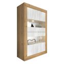 Vitrine 4 portes aspect bois finition Cadiz façades blanc texturées et verre avec Leds - OTELLO