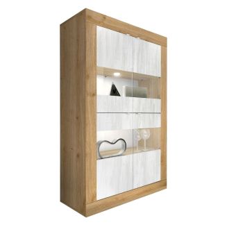 Vitrine 4 portes aspect bois finition Cadiz façades blanc texturées et verre avec Leds - OTELLO