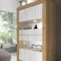 Vitrine 4 portes aspect bois finition Cadiz façades blanc texturées et verre avec Leds - OTELLO