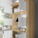 Vitrine 4 portes aspect bois finition Cadiz façades blanc texturées et verre avec Leds - OTELLO