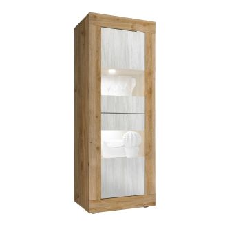 Vitrine 2 portes aspect bois finition Cadiz façades blanc texturées et verre avec Leds - OTELLO