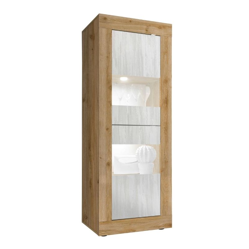 Vitrine 2 portes aspect bois finition Cadiz façades blanc texturées et verre avec Leds - OTELLO