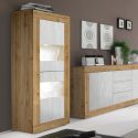 Vitrine 2 portes aspect bois finition Cadiz façades blanc texturées et verre avec Leds - OTELLO
