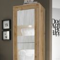 Vitrine 2 portes aspect bois finition Cadiz façades blanc texturées et verre avec Leds - OTELLO