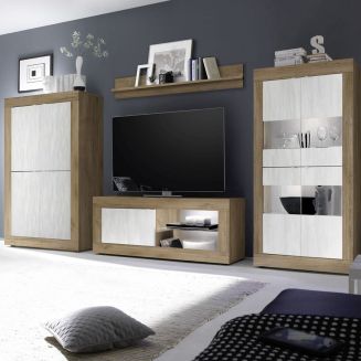 Ensemble Salon aspect bois finition Mercure façades blanc texturées avec Leds - OTELLO