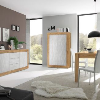 Ensemble Séjour Buffet 2 Portes 3 Tiroirs aspect bois finition Cadiz façades blanc texturées - OTELLO