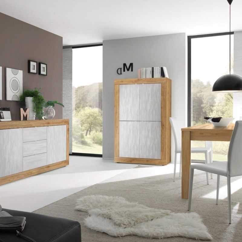 Ensemble Séjour Buffet 2 Portes 3 Tiroirs aspect bois finition Cadiz façades blanc texturées - OTELLO