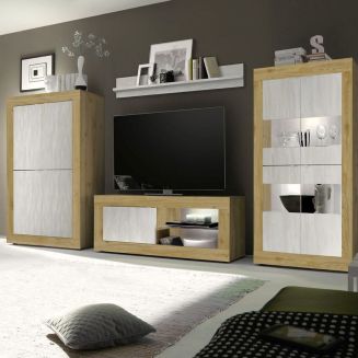 Ensemble Salon aspect bois finition Cadiz façades blanc texturées avec Leds - OTELLO