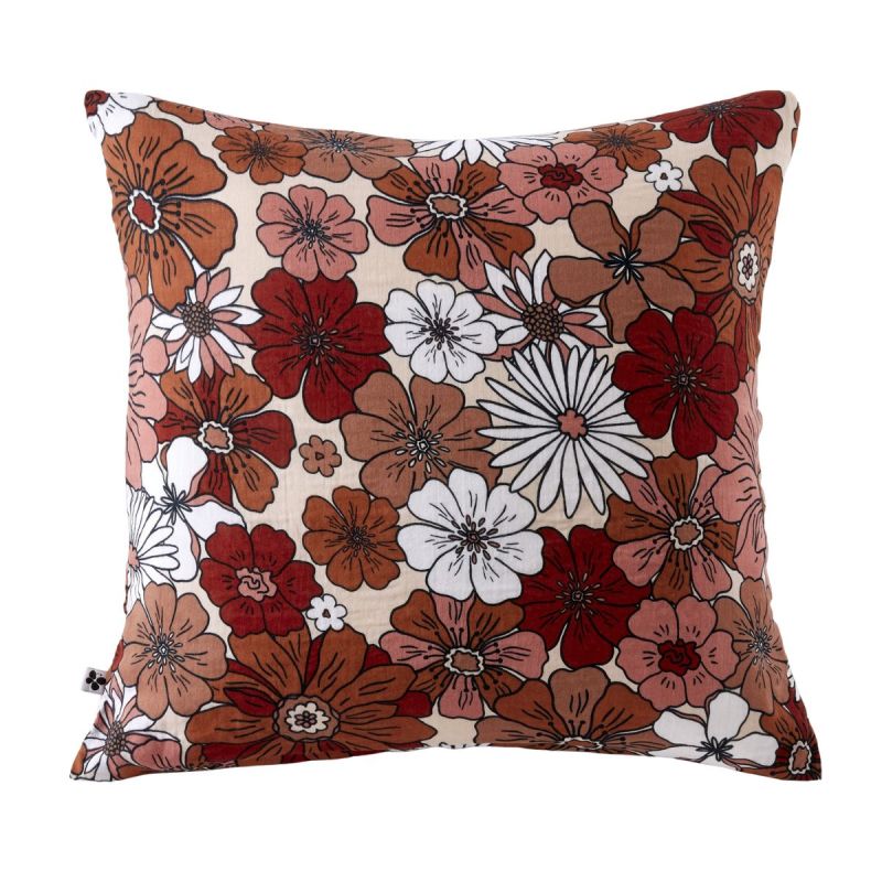 Taie d'oreiller 60x60cm gaze de coton imprimé Floral coloris terracotta - ANASTASIA