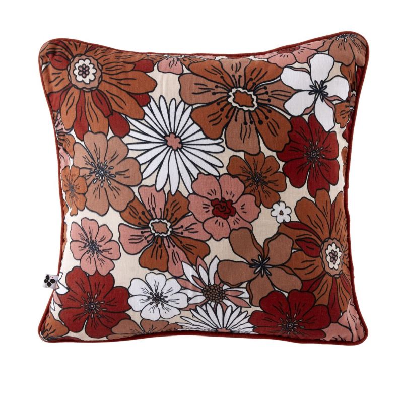 Coussin déhoussable 45x45cm gaze de coton imprimé Floral coloris terracotta - ANASTASIA