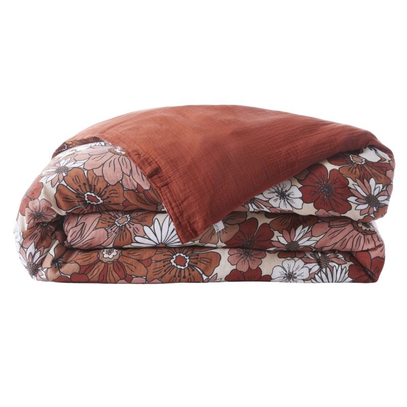 Housse de couette 140x200cm gaze de coton imprimé Floral coloris terracotta - ANASTASIA