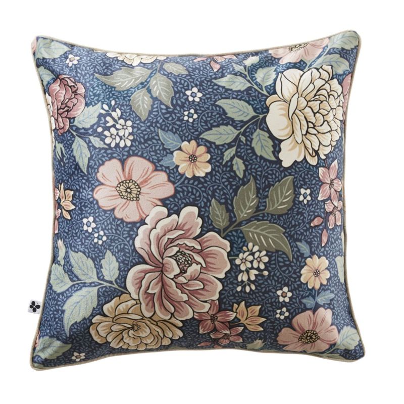 Coussin déhoussable 50x50cm velours imprimé floral coloris bleu - FAUSTINE